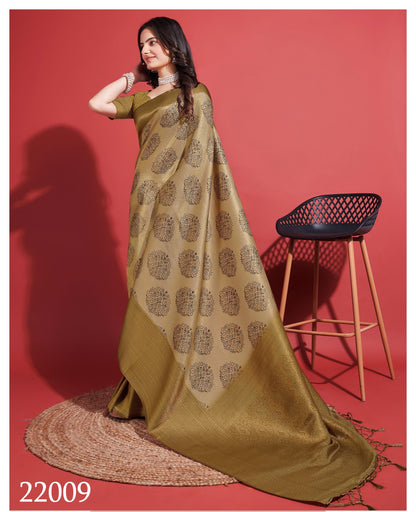 Latest Khakhee Gloss Soft Banarasi Silk Saree