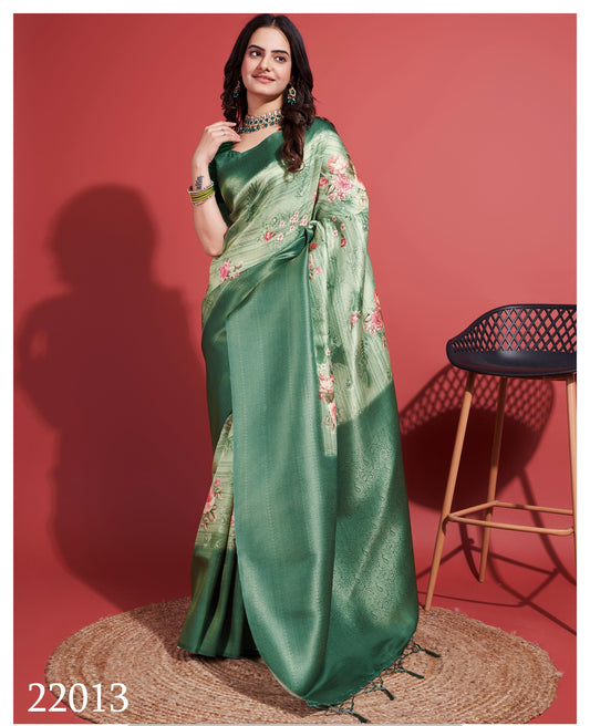 Latest Dark Silky Green Soft Banarasi Silk Saree