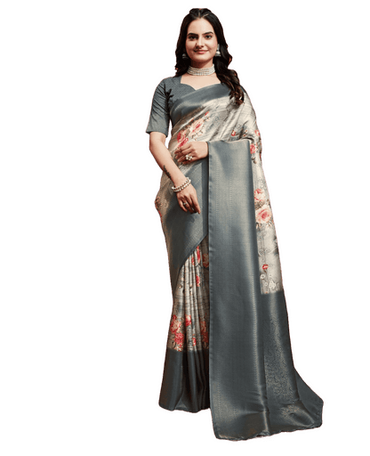 Latest Coal Silky Grey Soft Banarasi Silk Saree