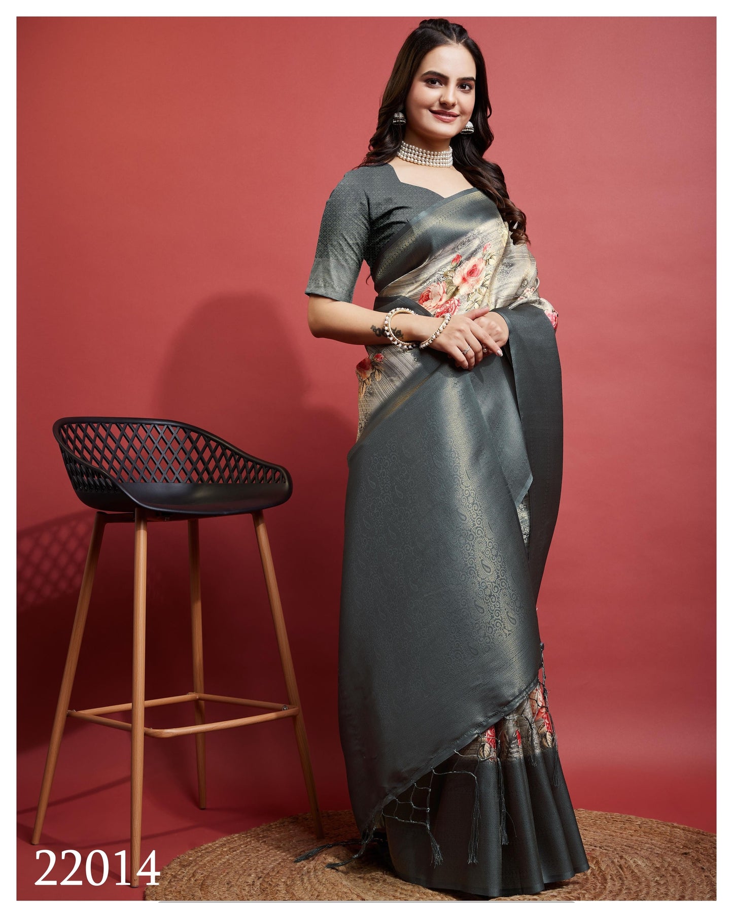 Latest Coal Silky Grey Soft Banarasi Silk Saree