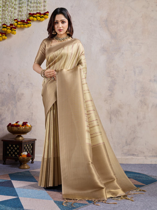 Dusty Beige Soft Banarasi Silk Saree with Zari Weaving & 3D Kanoko Prints