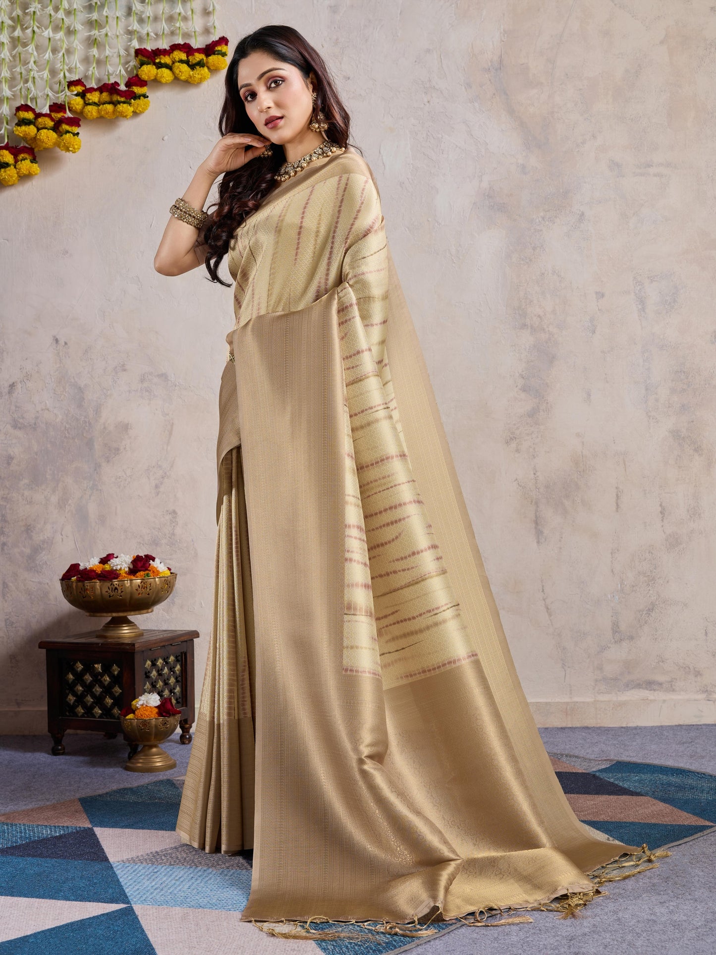 Dusty Beige Soft Banarasi Silk Saree with Zari Weaving & 3D Kanoko Prints