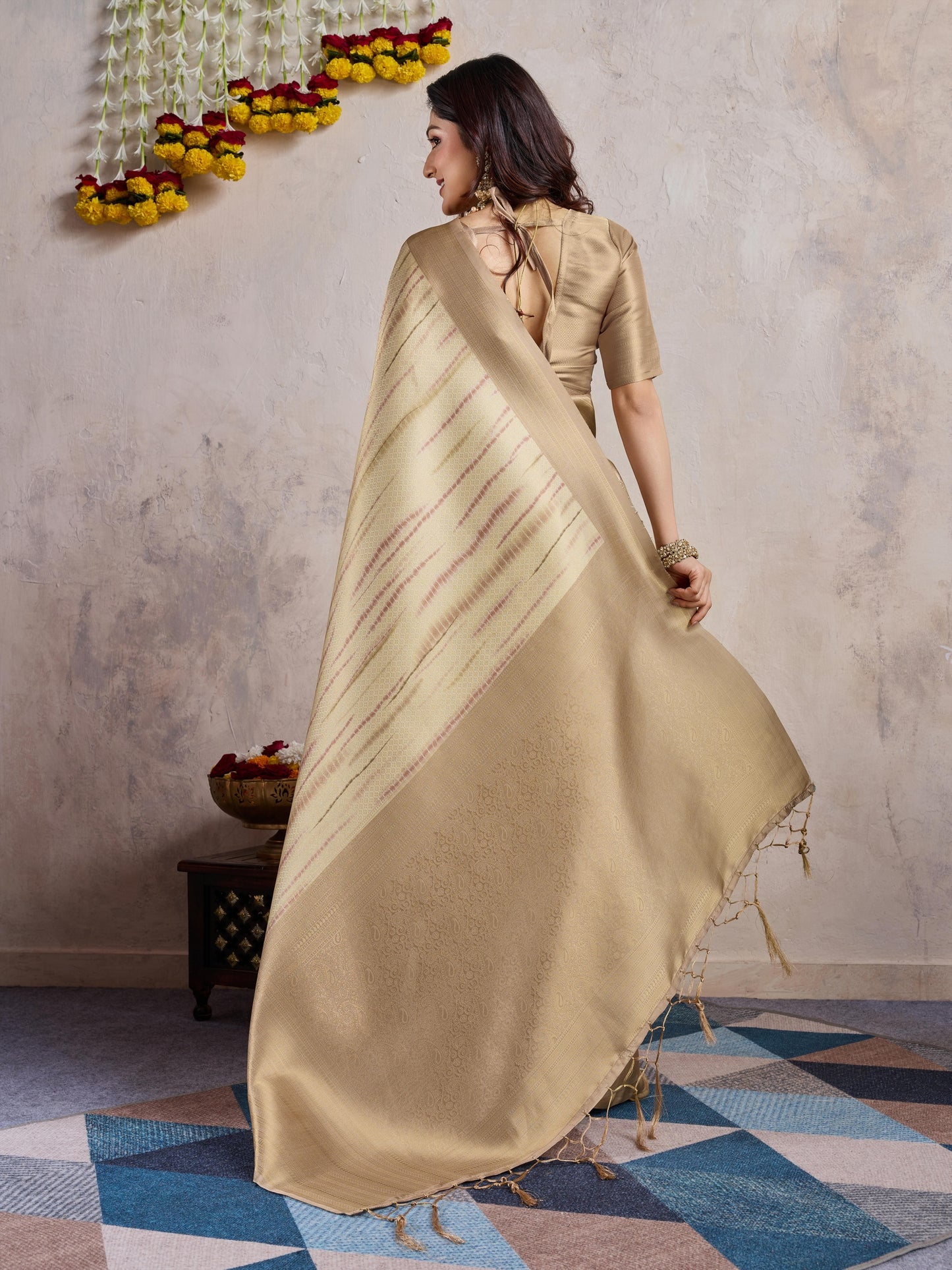 Dusty Beige Soft Banarasi Silk Saree with Zari Weaving & 3D Kanoko Prints