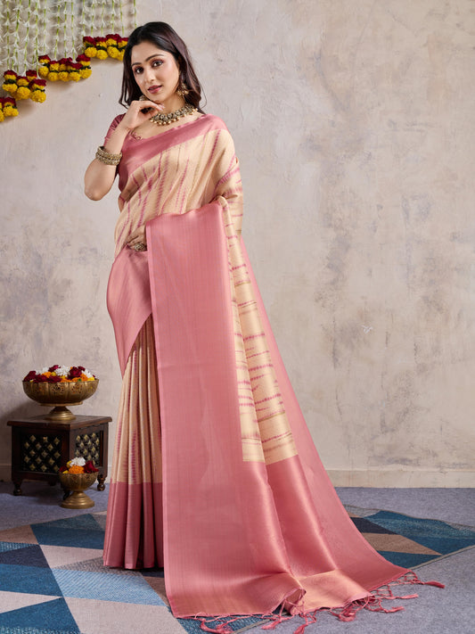 Pink Soft Banarasi Silk Saree with Zari Weaving & 3D Kanoko Prints