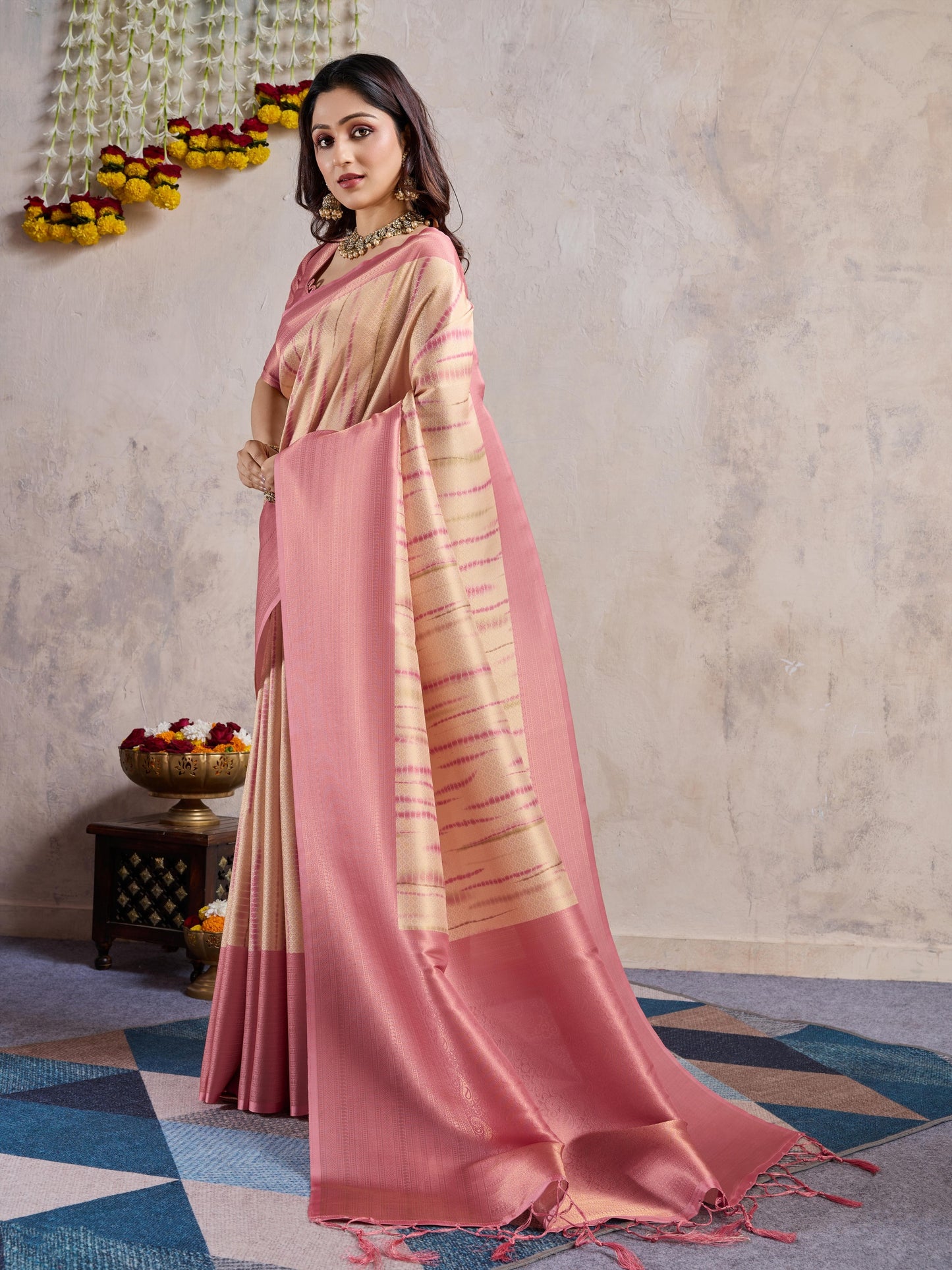 Pink Soft Banarasi Silk Saree with Zari Weaving & 3D Kanoko Prints