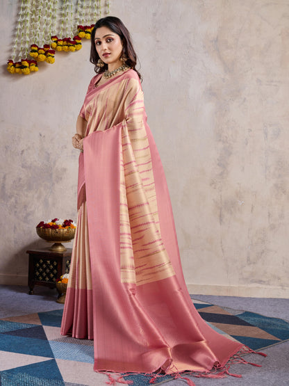 Pink Soft Banarasi Silk Saree with Zari Weaving & 3D Kanoko Prints