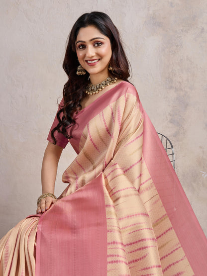 Pink Soft Banarasi Silk Saree with Zari Weaving & 3D Kanoko Prints