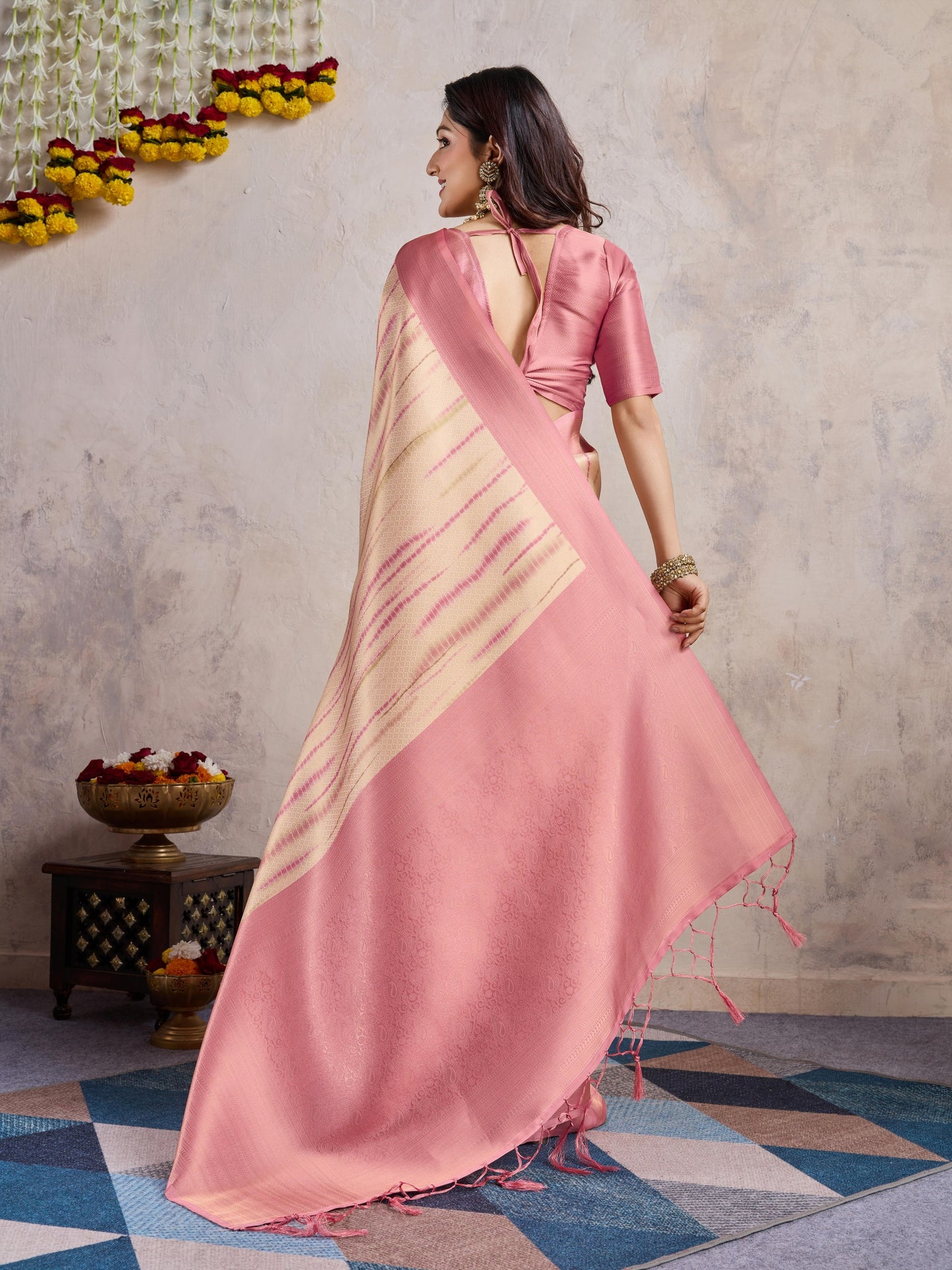 Pink Soft Banarasi Silk Saree with Zari Weaving & 3D Kanoko Prints