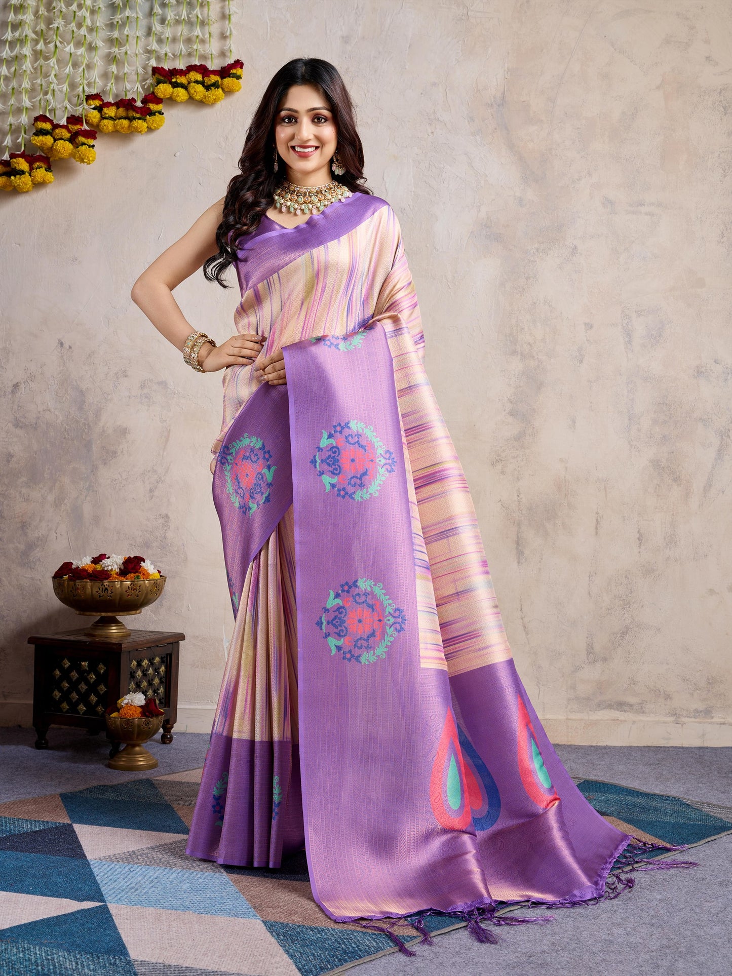 Lavender Banarasi Silk Saree with 3D Kanoko Prints & Kairi Rich Pallu – Banarasi Brocade Blouse