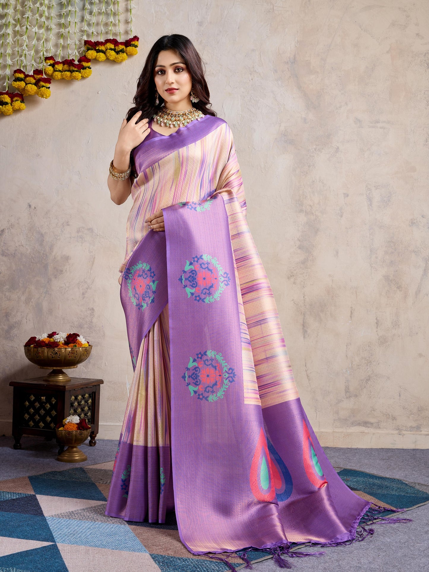 Lavender Banarasi Silk Saree with 3D Kanoko Prints & Kairi Rich Pallu – Banarasi Brocade Blouse