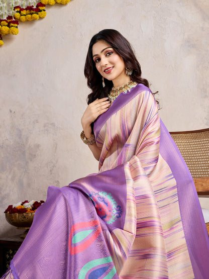 Lavender Banarasi Silk Saree with 3D Kanoko Prints & Kairi Rich Pallu – Banarasi Brocade Blouse