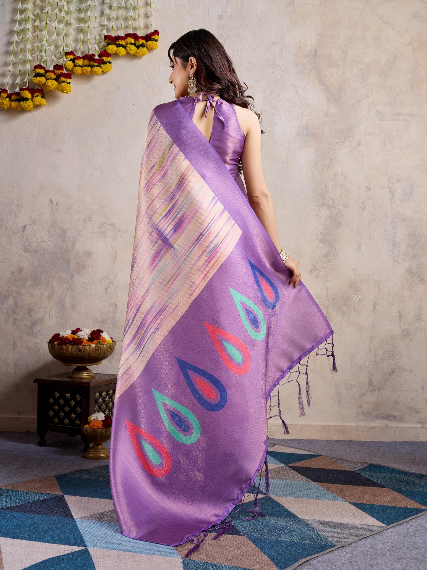 Lavender Banarasi Silk Saree with 3D Kanoko Prints & Kairi Rich Pallu – Banarasi Brocade Blouse