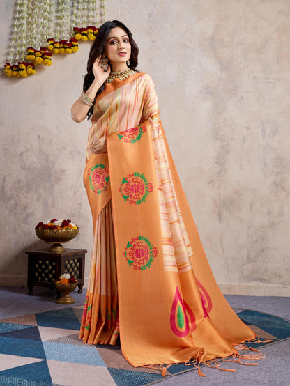 Peach Blush Banarasi Silk Saree with 3D Kanoko Prints & Kairi Rich Pallu – Banarasi Brocade Blouse