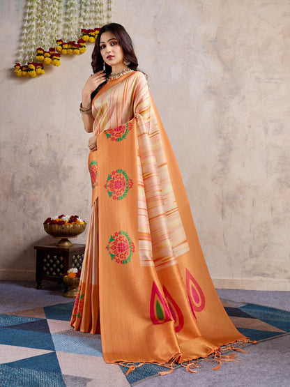 Peach Blush Banarasi Silk Saree with 3D Kanoko Prints & Kairi Rich Pallu – Banarasi Brocade Blouse