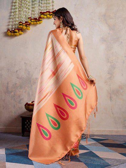 Peach Blush Banarasi Silk Saree with 3D Kanoko Prints & Kairi Rich Pallu – Banarasi Brocade Blouse