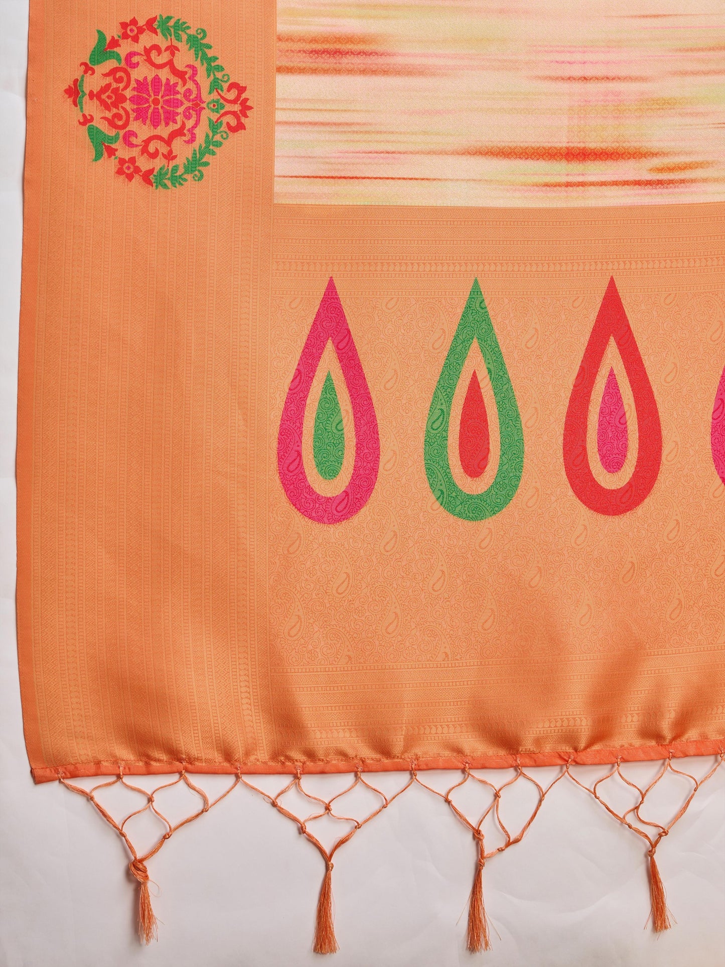 Peach Blush Banarasi Silk Saree with 3D Kanoko Prints & Kairi Rich Pallu – Banarasi Brocade Blouse