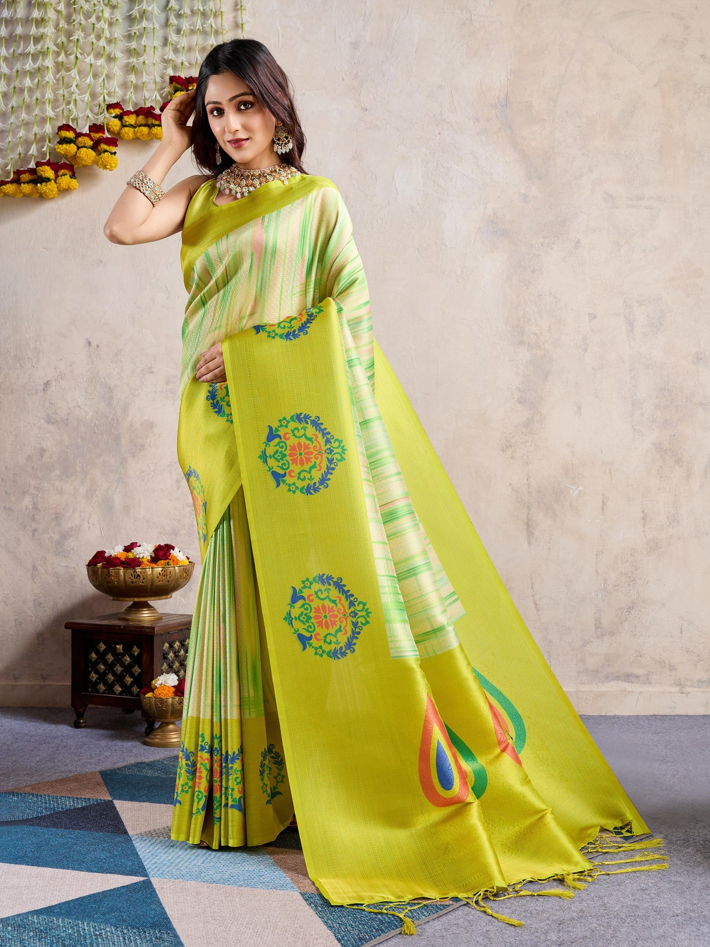 Mustard Yellow Banarasi Silk Saree with 3D Kanoko Prints & Kairi Rich Pallu – Banarasi Brocade Blouse