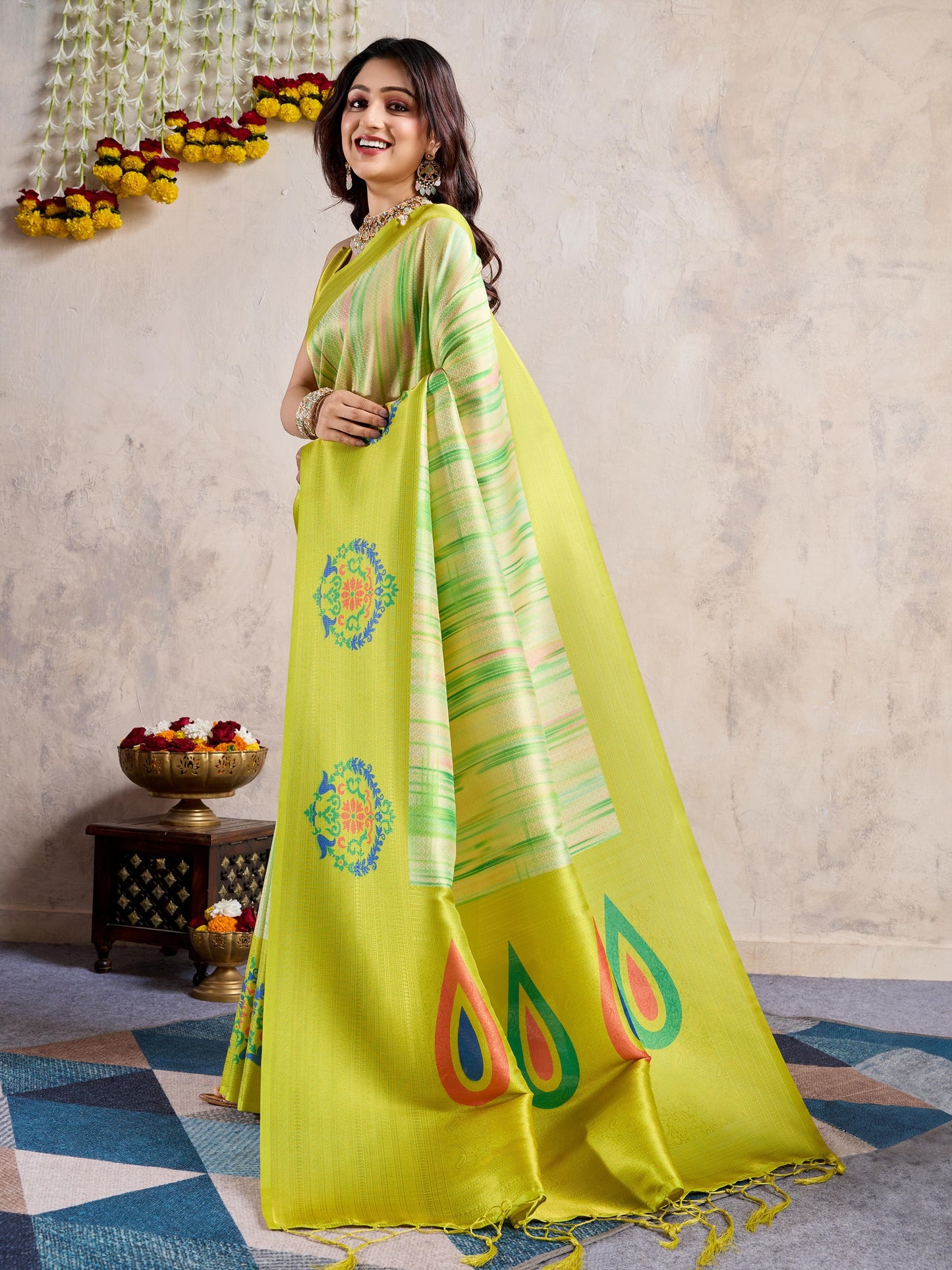 Mustard Yellow Banarasi Silk Saree with 3D Kanoko Prints & Kairi Rich Pallu – Banarasi Brocade Blouse