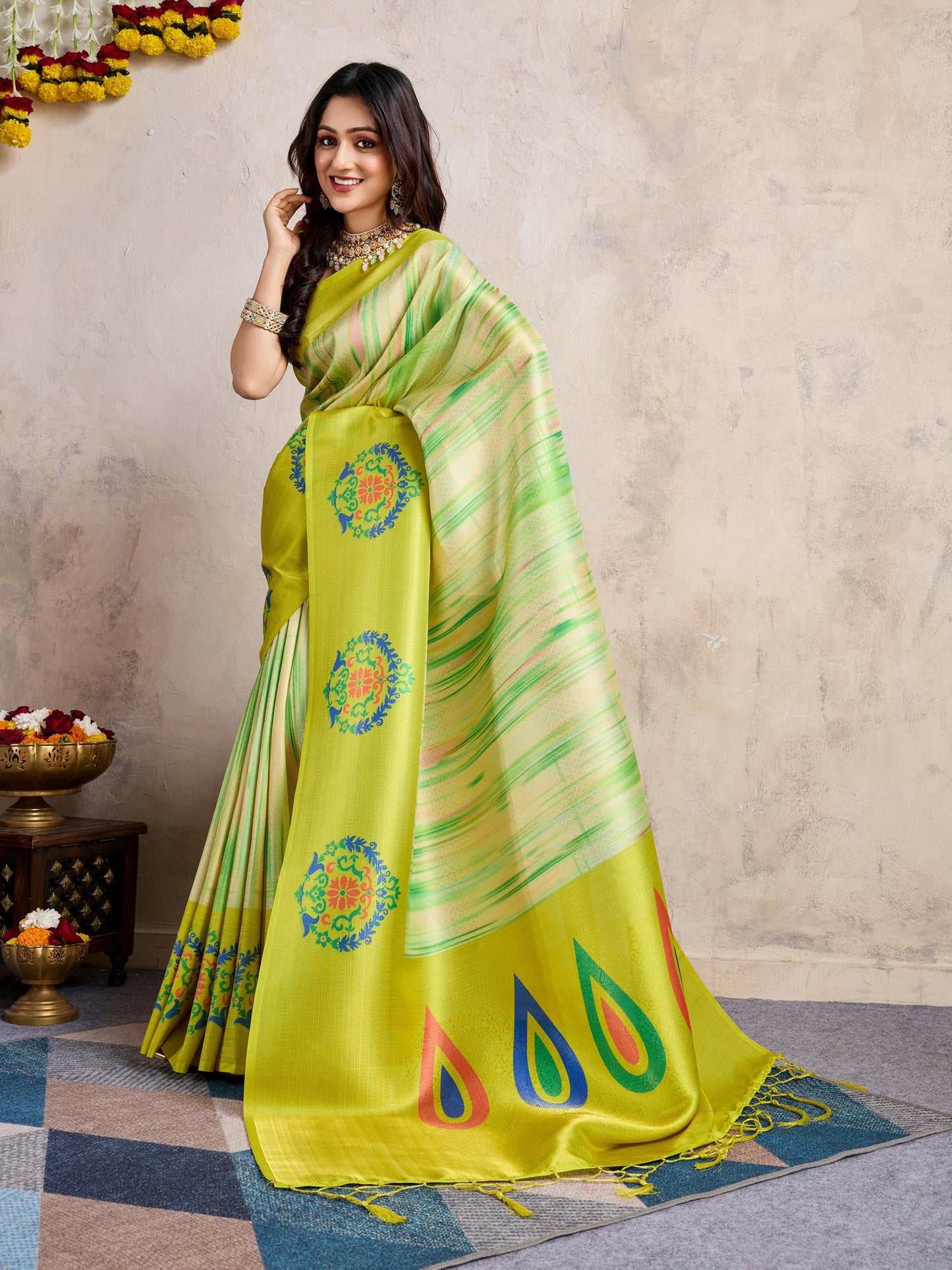 Mustard Yellow Banarasi Silk Saree with 3D Kanoko Prints & Kairi Rich Pallu – Banarasi Brocade Blouse