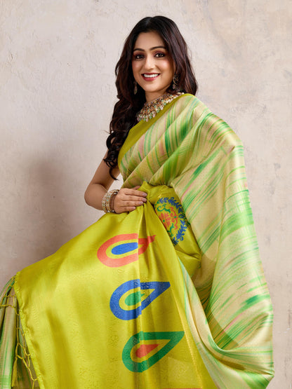 Mustard Yellow Banarasi Silk Saree with 3D Kanoko Prints & Kairi Rich Pallu – Banarasi Brocade Blouse