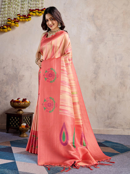 Coral Pink Banarasi Silk Saree with 3D Kanoko Prints & Kairi Rich Pallu – Banarasi Brocade Blouse