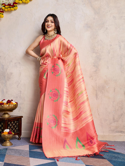 Coral Pink Banarasi Silk Saree with 3D Kanoko Prints & Kairi Rich Pallu – Banarasi Brocade Blouse