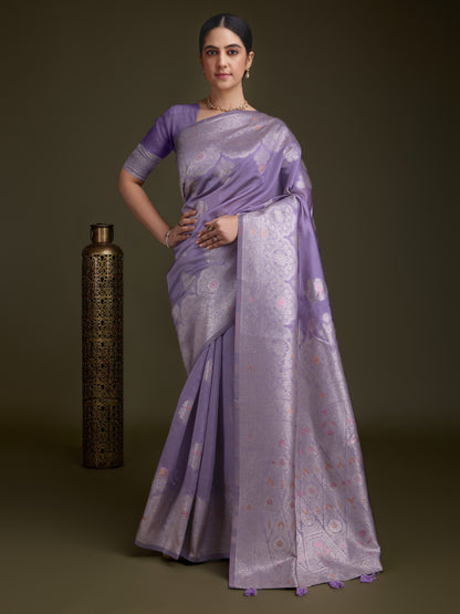 Shiny Purple Soft Silk Saree with Silver & Meenakari Zari Weaving