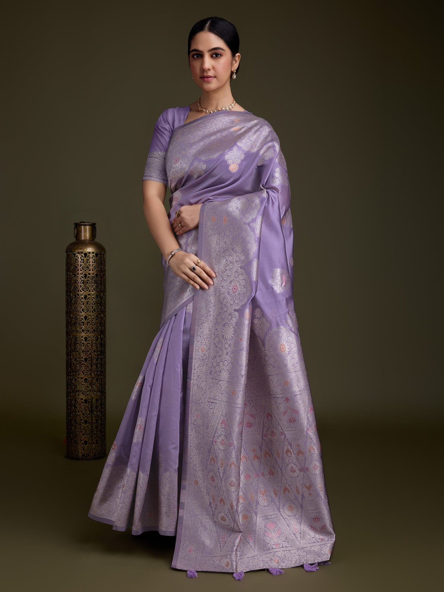 Shiny Purple Soft Silk Saree with Silver & Meenakari Zari Weaving