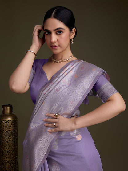 Shiny Purple Soft Silk Saree with Silver & Meenakari Zari Weaving