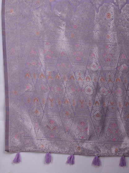 Shiny Purple Soft Silk Saree with Silver & Meenakari Zari Weaving