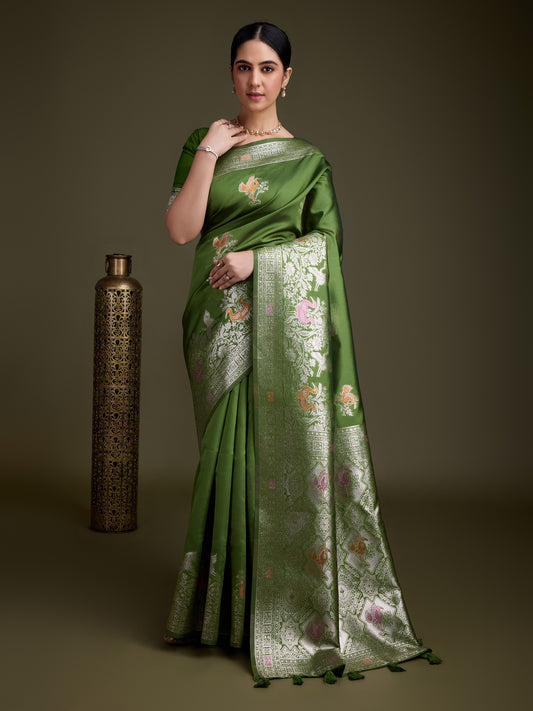 Shiny Henna green Soft Silk Saree with Silver & Meenakari Zari Weaving