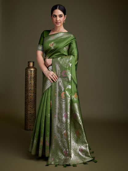 Shiny Henna green Soft Silk Saree with Silver & Meenakari Zari Weaving