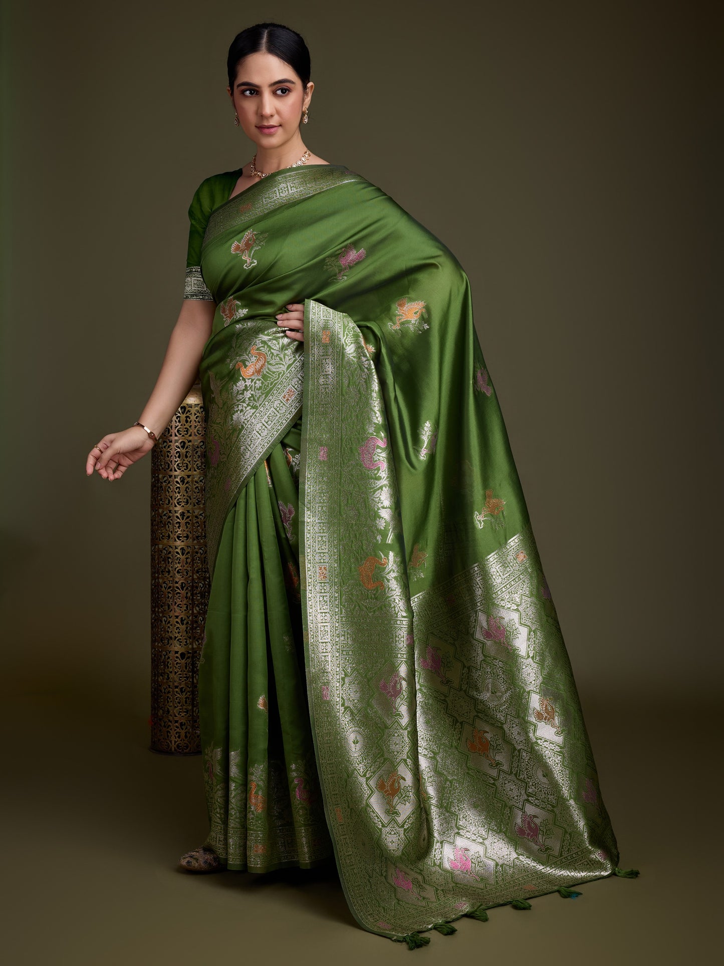 Shiny Henna green Soft Silk Saree with Silver & Meenakari Zari Weaving