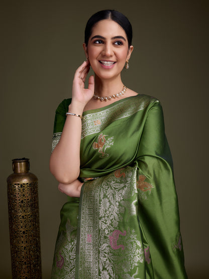 Shiny Henna green Soft Silk Saree with Silver & Meenakari Zari Weaving