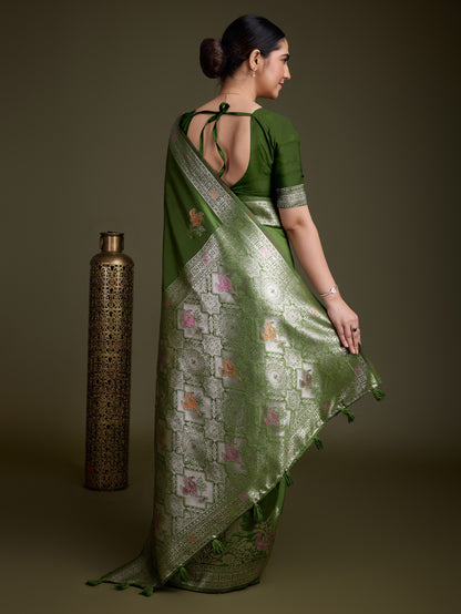 Shiny Henna green Soft Silk Saree with Silver & Meenakari Zari Weaving