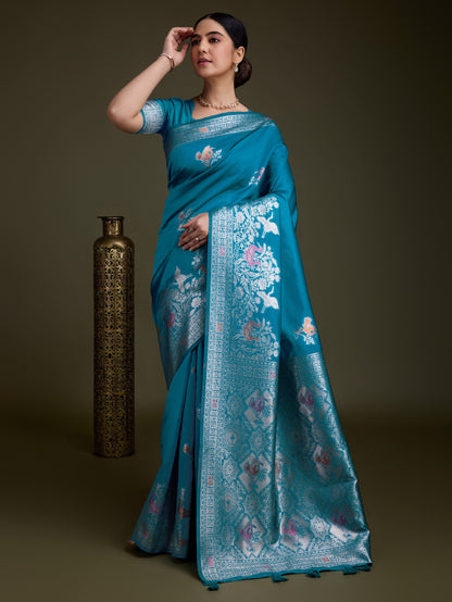 Teal blue Soft Silk Saree with Silver & Meenakari Zari Weaving