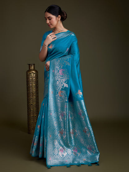 Teal blue Soft Silk Saree with Silver & Meenakari Zari Weaving