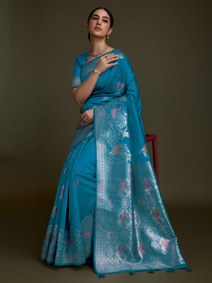 Teal blue Soft Silk Saree with Silver & Meenakari Zari Weaving