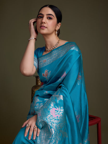 Teal blue Soft Silk Saree with Silver & Meenakari Zari Weaving