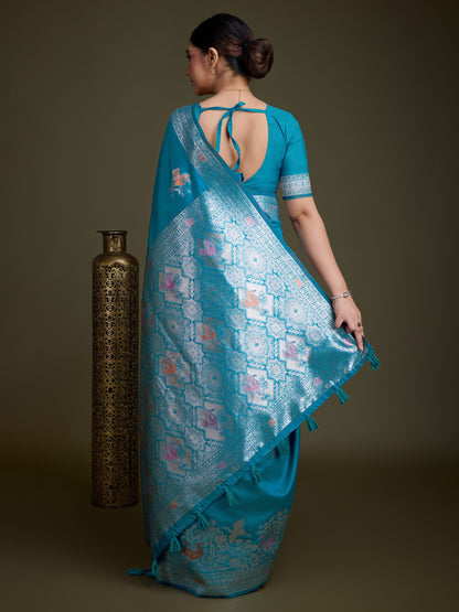 Teal blue Soft Silk Saree with Silver & Meenakari Zari Weaving