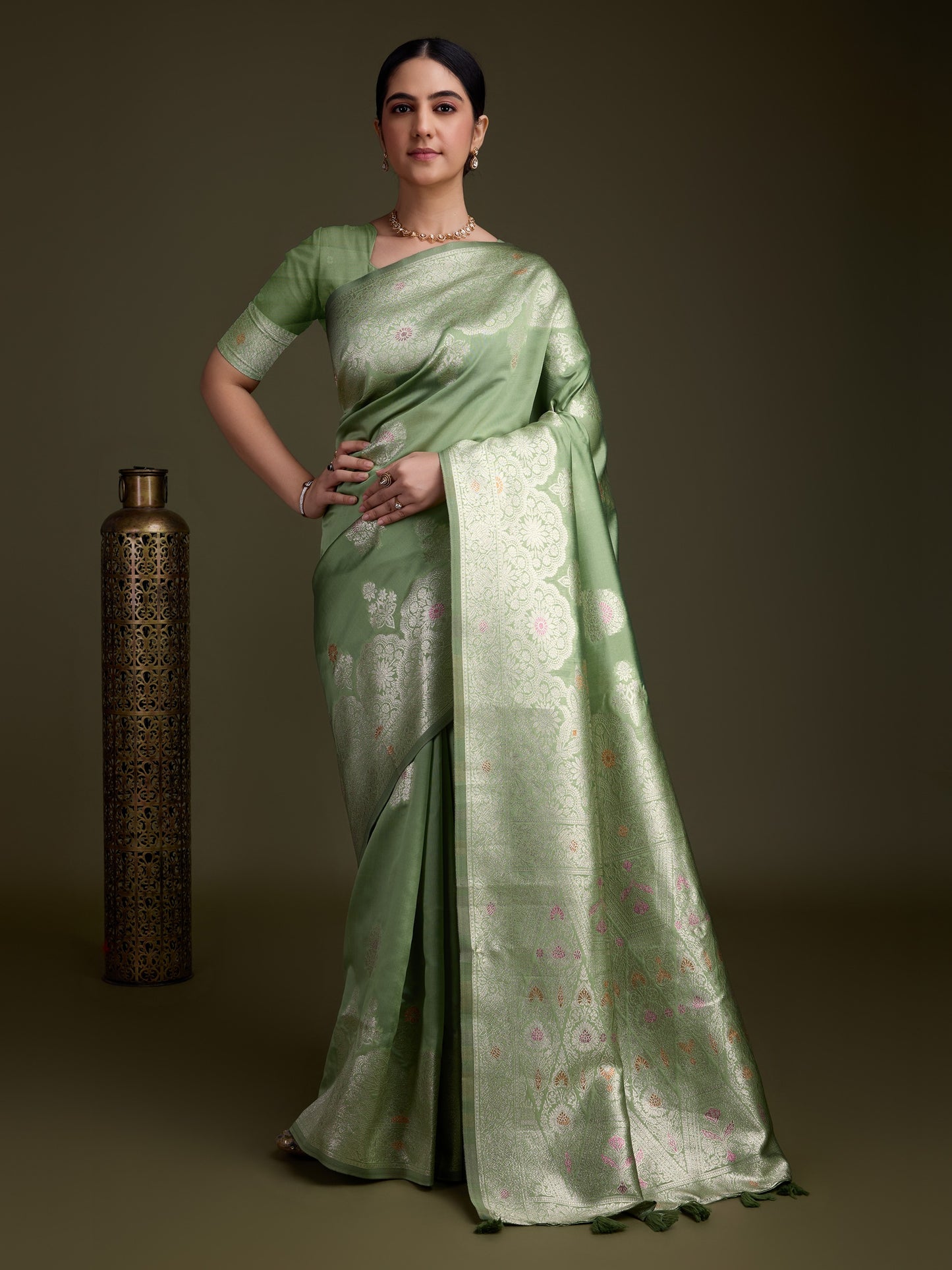 Pistachio Green Soft Silk Saree with Silver & Meenakari Zari Weaving