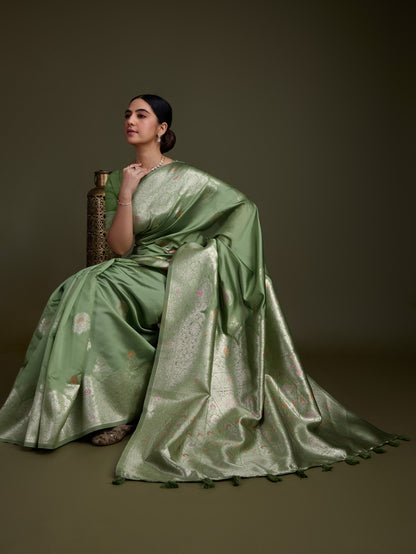 Pistachio Green Soft Silk Saree with Silver & Meenakari Zari Weaving