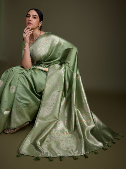 Pistachio Green Soft Silk Saree with Silver & Meenakari Zari Weaving