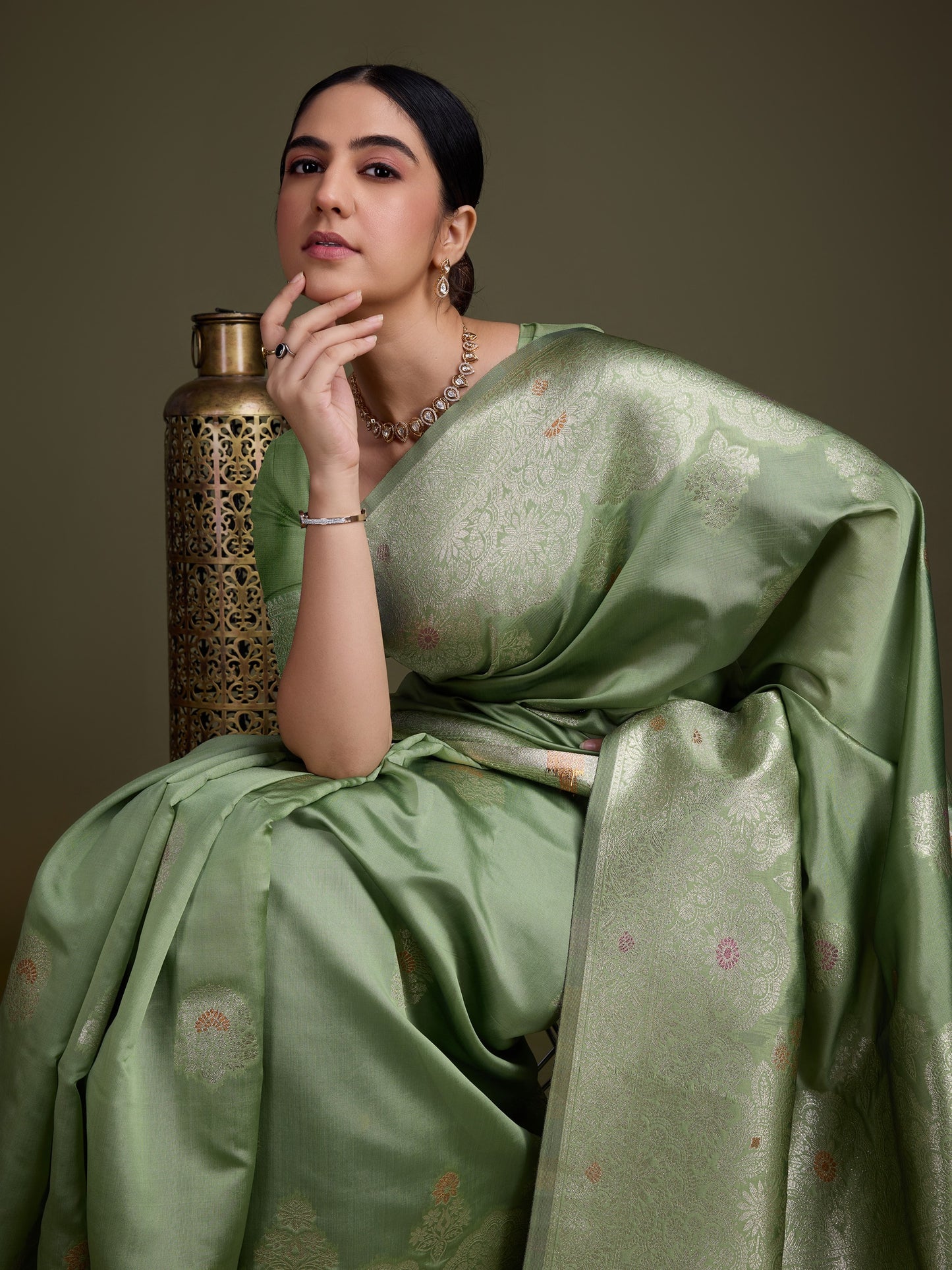 Pistachio Green Soft Silk Saree with Silver & Meenakari Zari Weaving