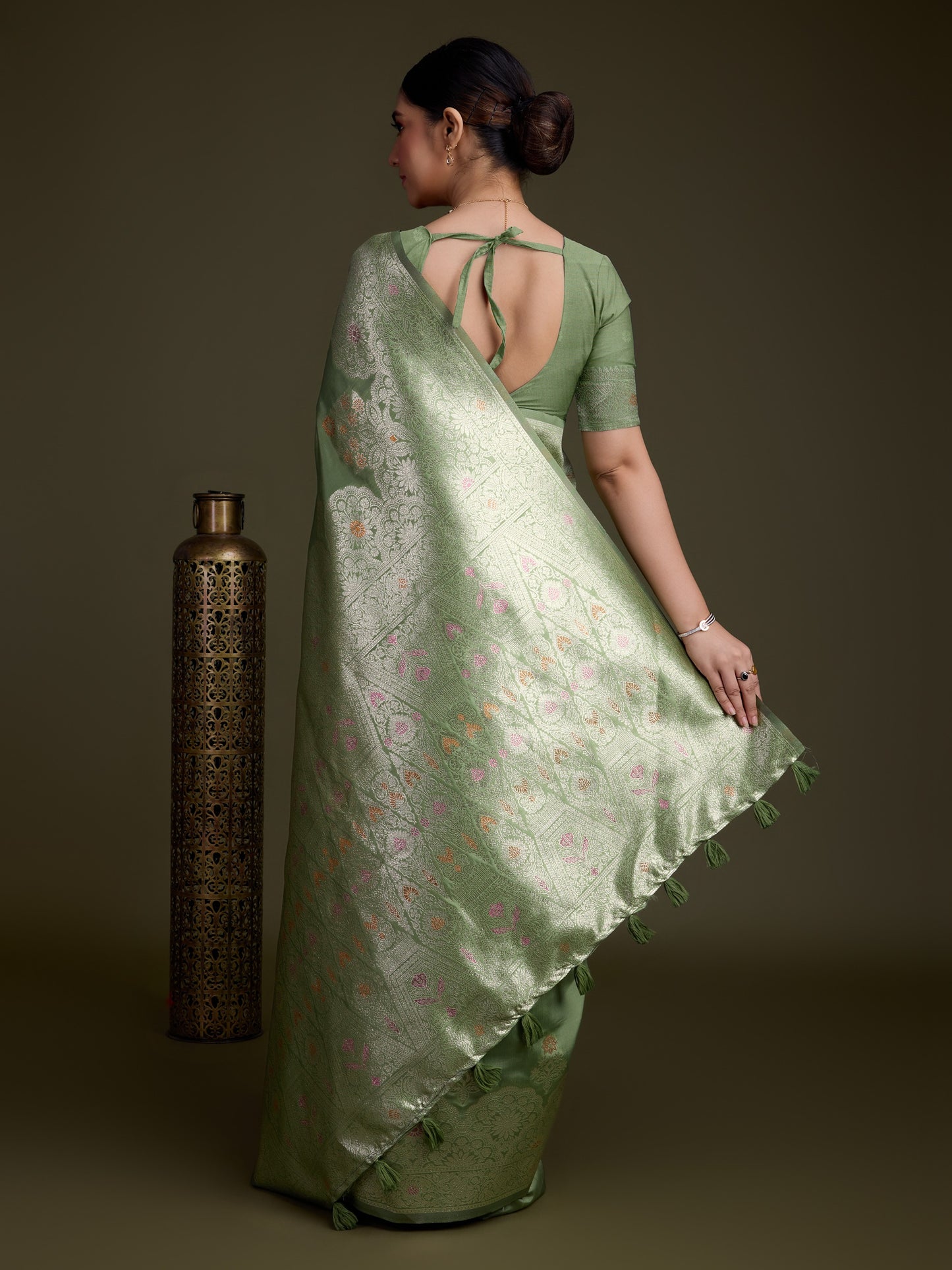 Pistachio Green Soft Silk Saree with Silver & Meenakari Zari Weaving