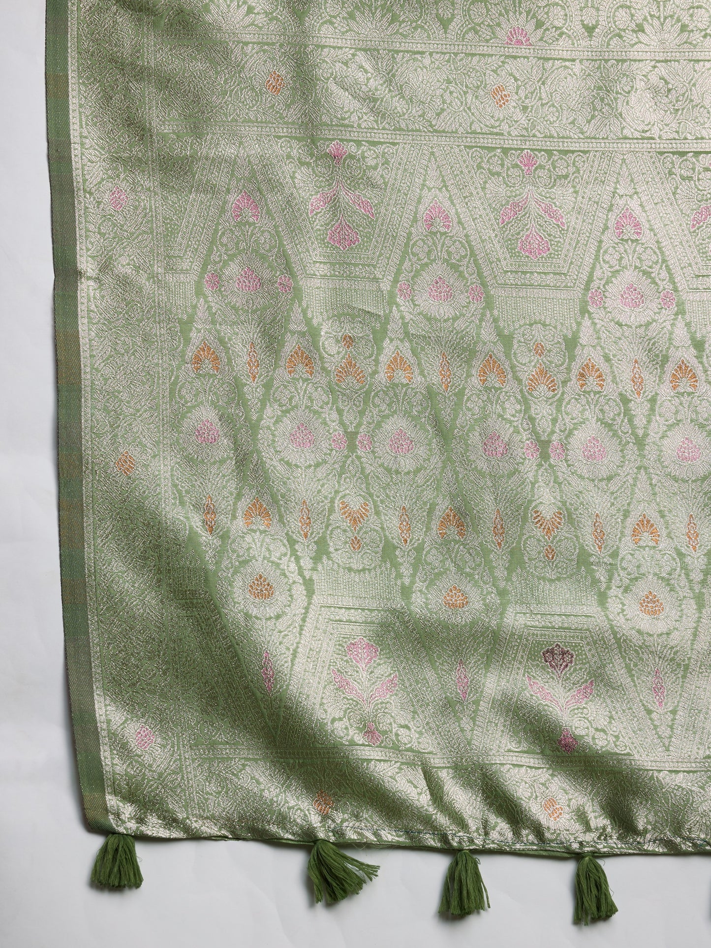 Pistachio Green Soft Silk Saree with Silver & Meenakari Zari Weaving