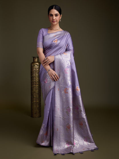 Lavender Soft Silk Saree with Silver & Meenakari Zari Weaving