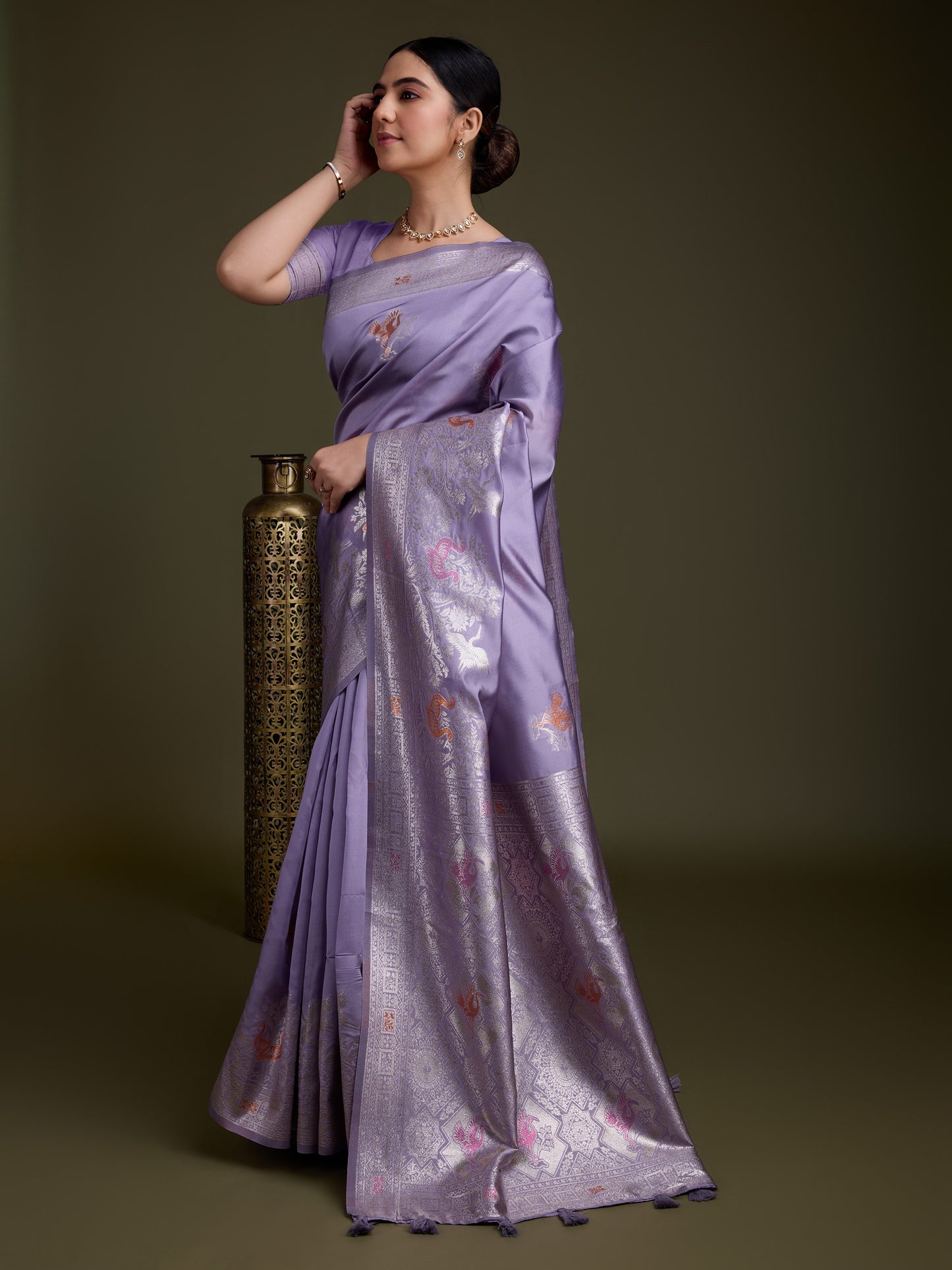 Lavender Soft Silk Saree with Silver & Meenakari Zari Weaving