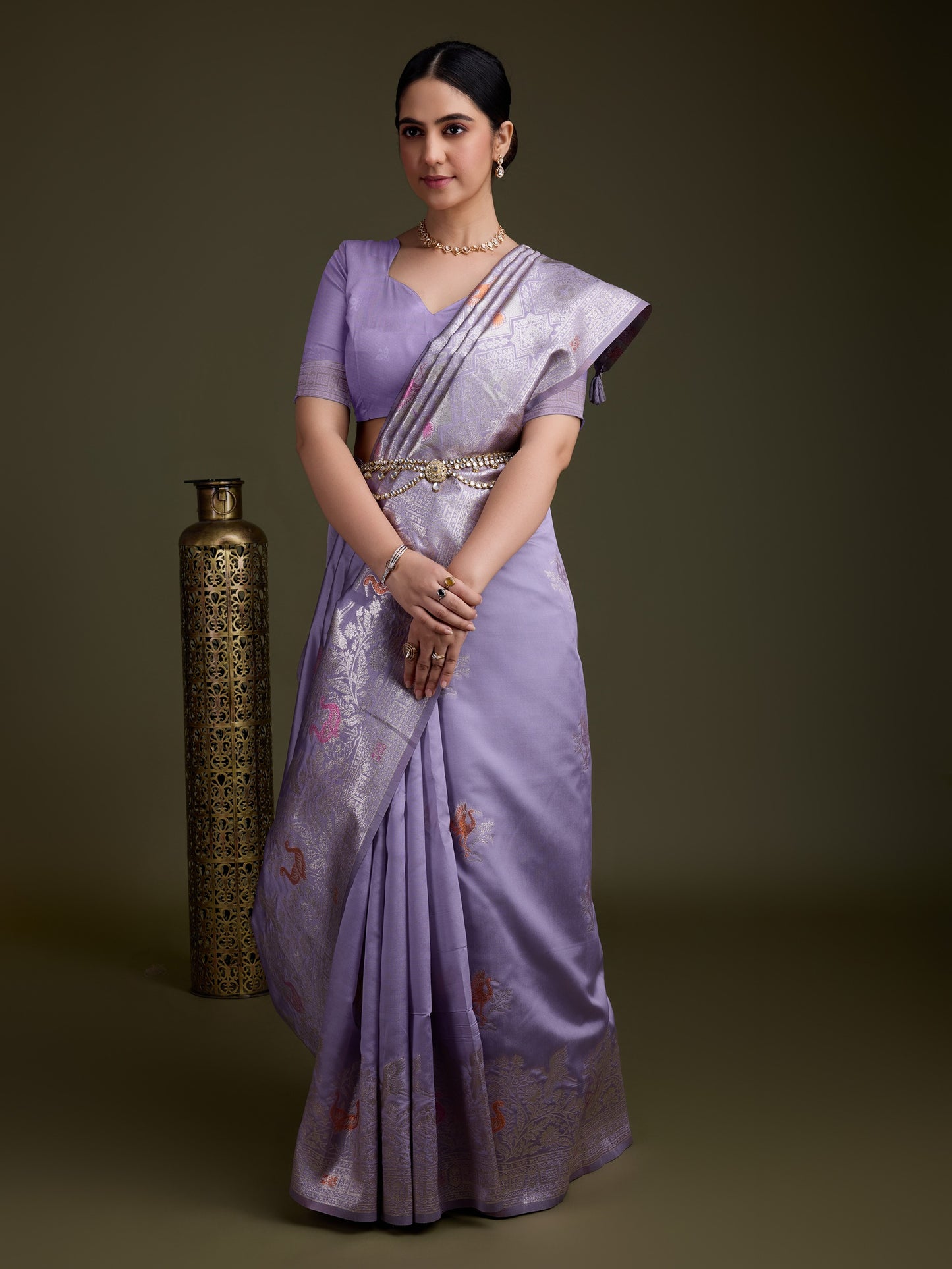 Lavender Soft Silk Saree with Silver & Meenakari Zari Weaving