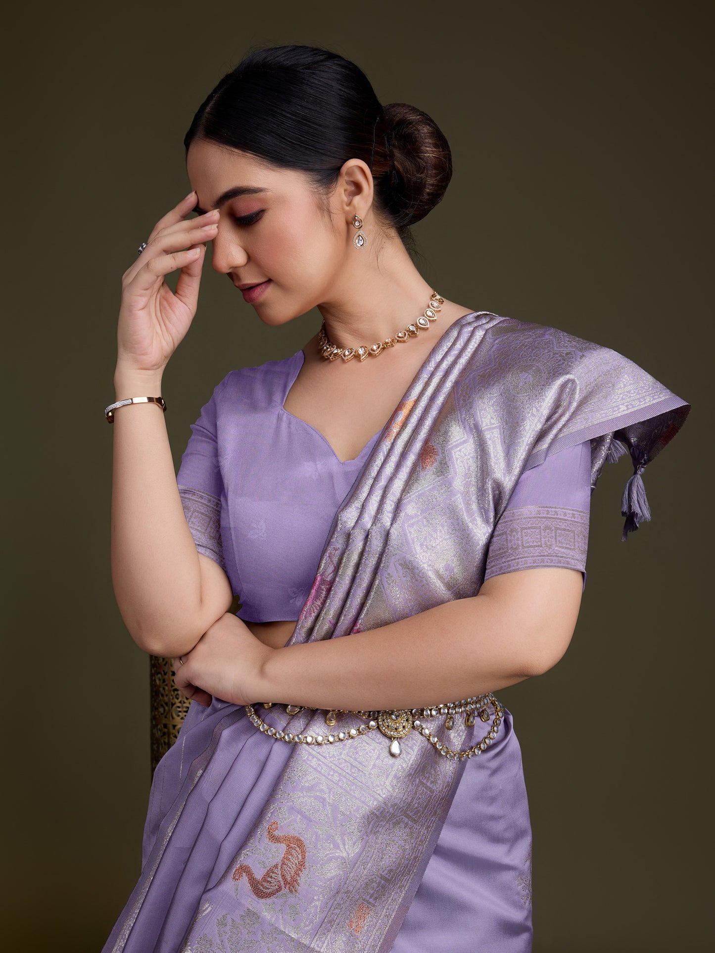 Lavender Soft Silk Saree with Silver & Meenakari Zari Weaving